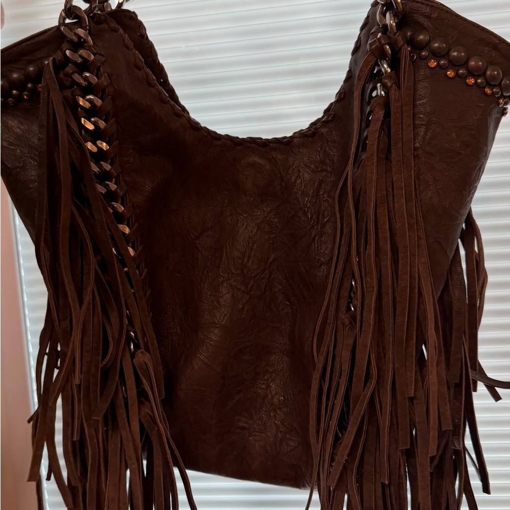 Kippy’s authentic - Fringe Embossed Fleur de lis  leather Shoulder Bag - Picture 8 of 9